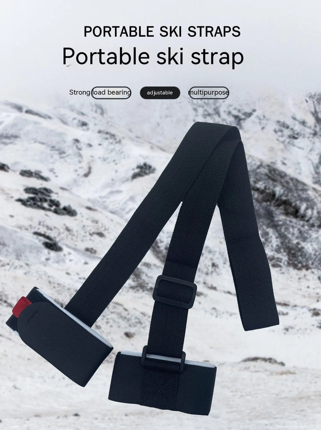 Adjustable hook and loop skiing bandage strap in black, blue, pink, or red colours.