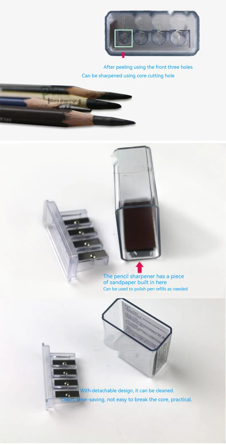 Geometric plastic four holes pencil sharpener with four blades and a screwdriver