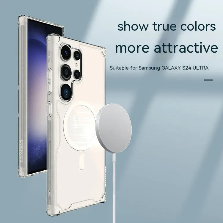 White natural TPU magnetic back cover phone case for Samsung S24, S24 Plus, and S24 Ultra