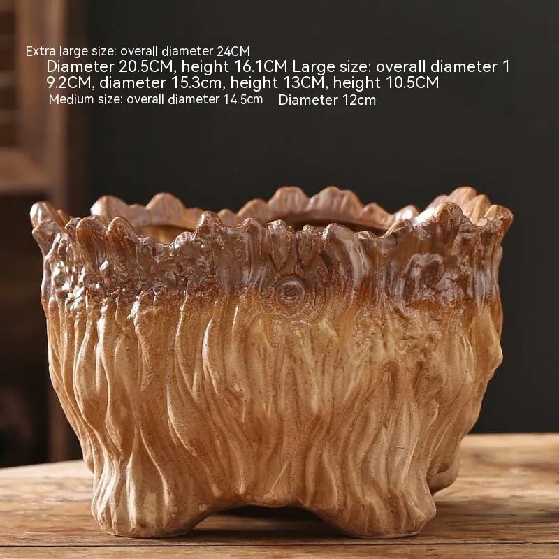 Ceramic wood shaped tree root flower pot in pastoral style, available in three sizes for succulent home gardening