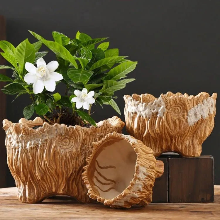 Ceramic wood shaped tree root flower pot in pastoral style, available in three sizes for succulent home gardening