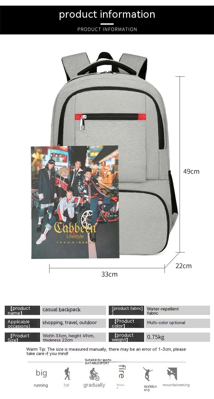 Light grey Oxford cloth insulated backpack with curved shoulder straps and a pull rod belt.