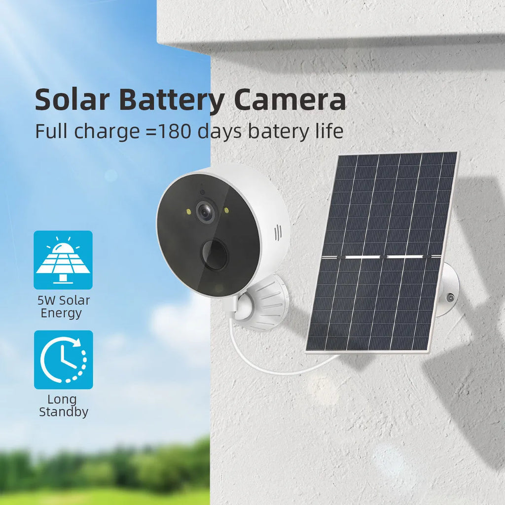 Outdoor solar panel security camera kit for garden and driveway monitoring.
