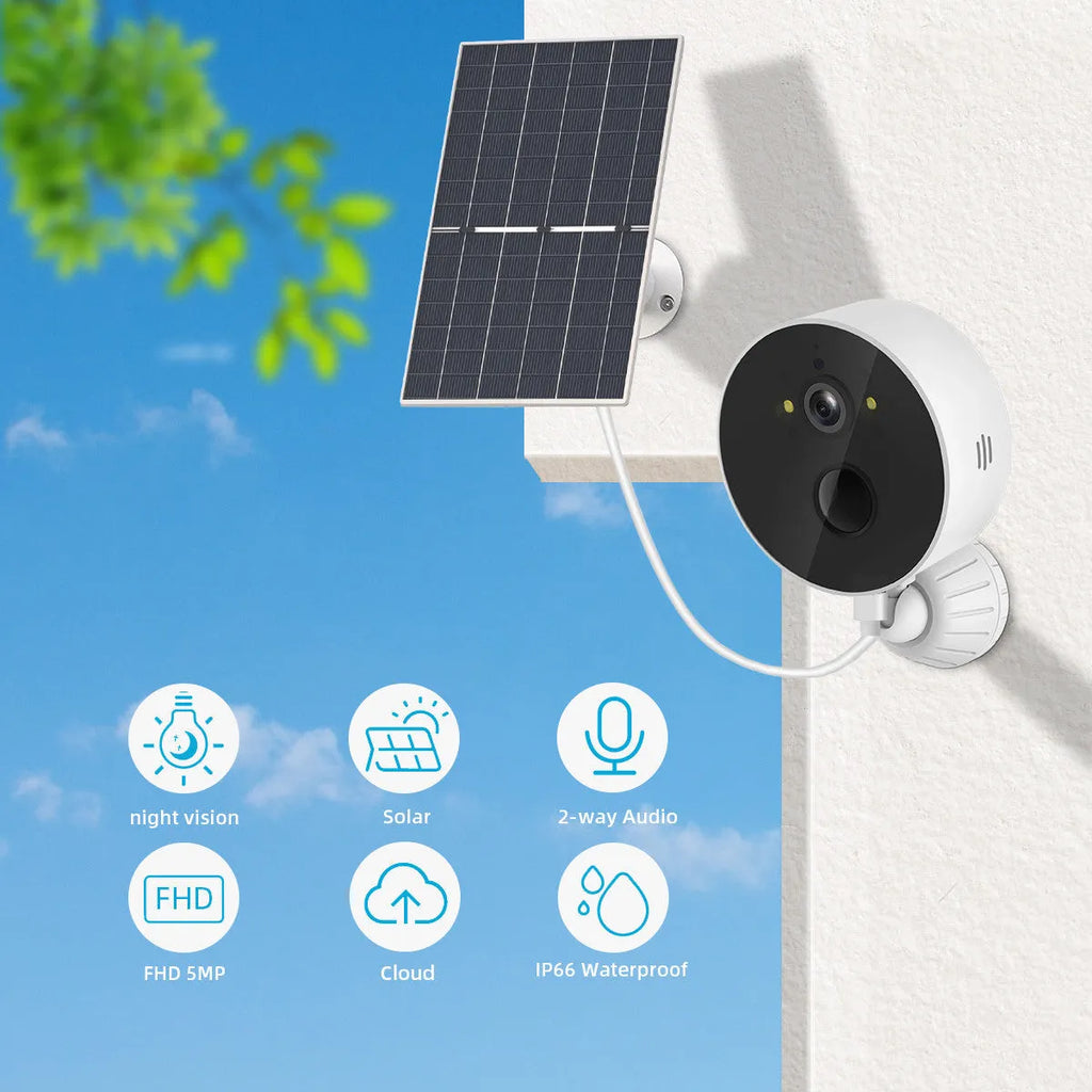 Outdoor solar panel security camera kit for garden and driveway monitoring.