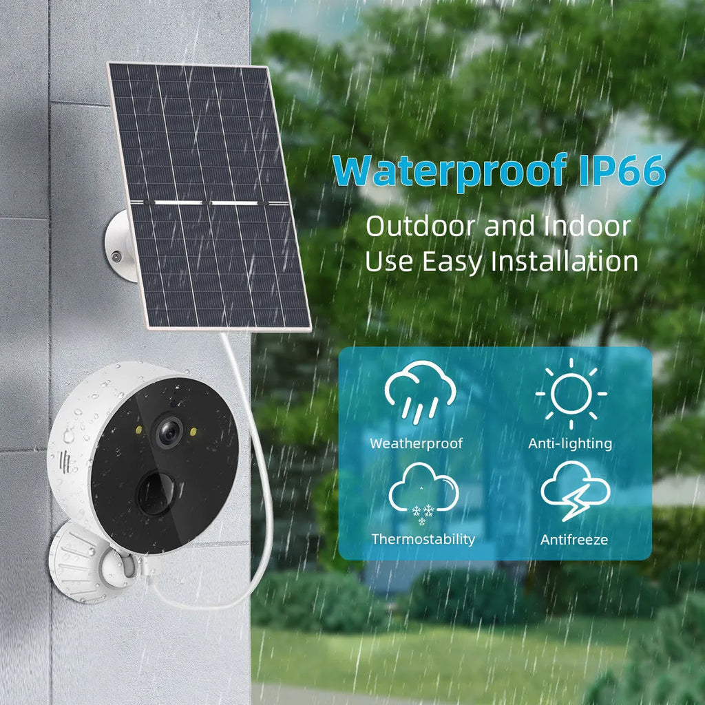 Outdoor solar panel security camera kit for garden and driveway monitoring.