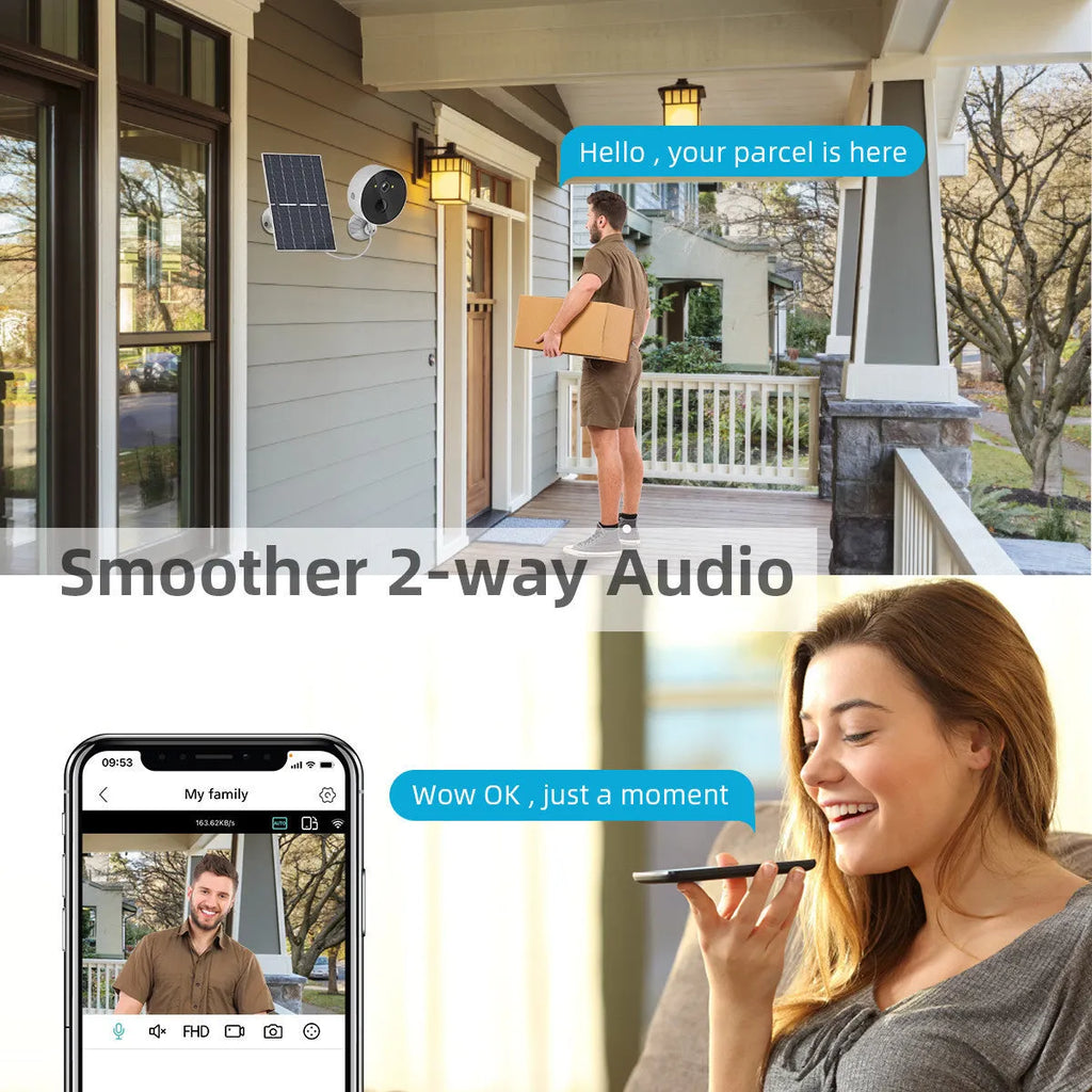 Outdoor solar panel security camera kit for garden and driveway monitoring.