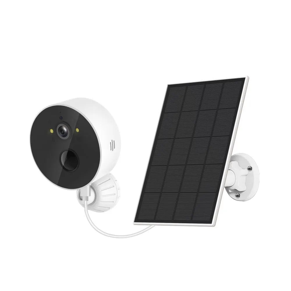 Outdoor solar panel security camera kit for garden and driveway monitoring.