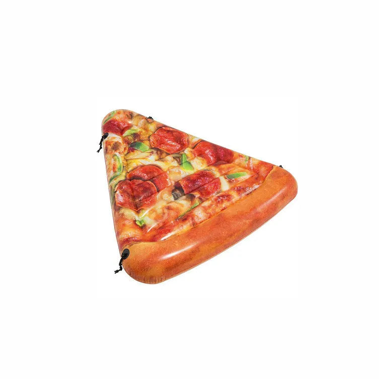 Large green and red pizza themed inflatable surfboard float on water