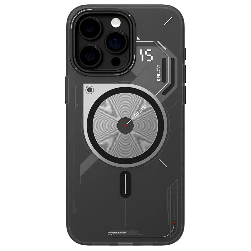Grey magnetic phone case with cooling window for iPhone 15 Pro and iPhone 15 Pro Max, TPU drop-resistant cover, cyberpunk style.
