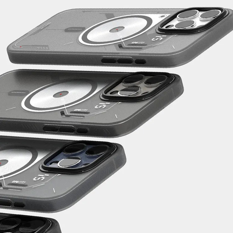 Grey magnetic phone case with cooling window for iPhone 15 Pro and iPhone 15 Pro Max, TPU drop-resistant cover, cyberpunk style.