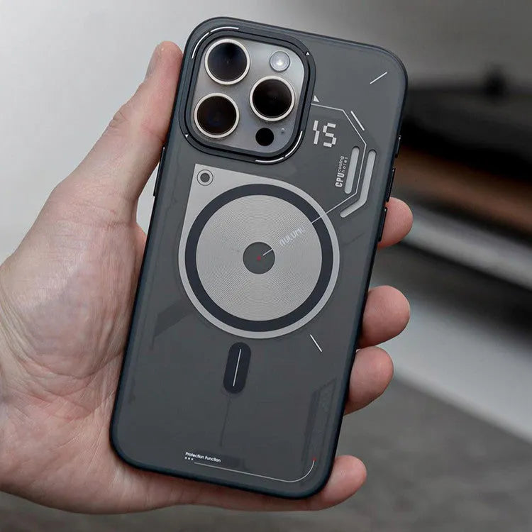 Grey magnetic phone case with cooling window for iPhone 15 Pro and iPhone 15 Pro Max, TPU drop-resistant cover, cyberpunk style.