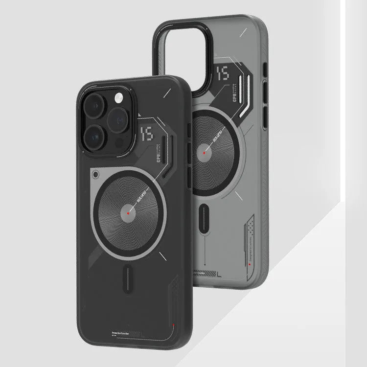 Grey magnetic phone case with cooling window for iPhone 15 Pro and iPhone 15 Pro Max, TPU drop-resistant cover, cyberpunk style.