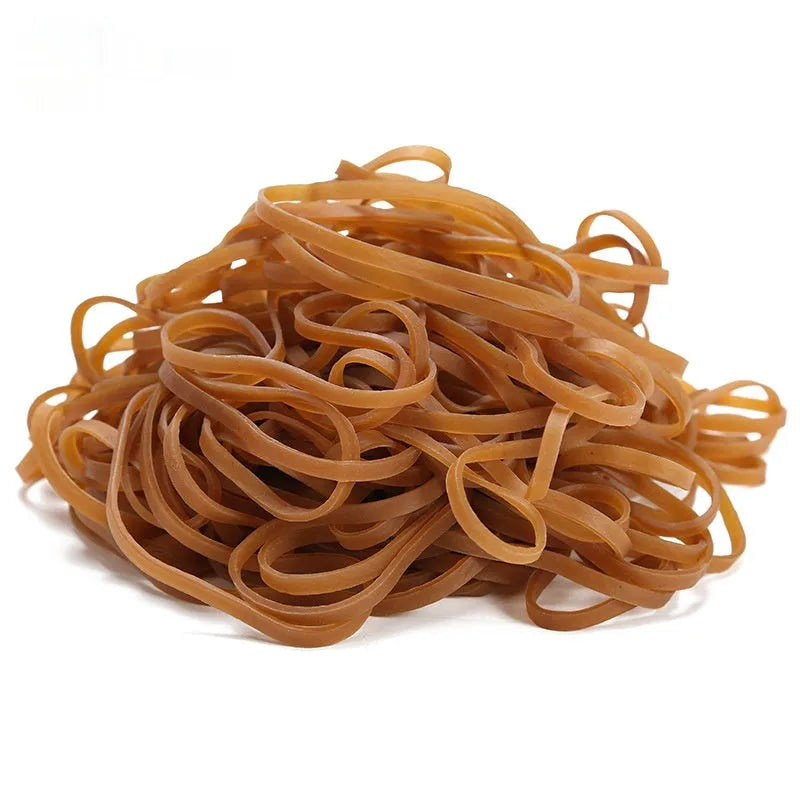 Circular natural rubber elastic bands in a 500g bulk bag for office and packaging use