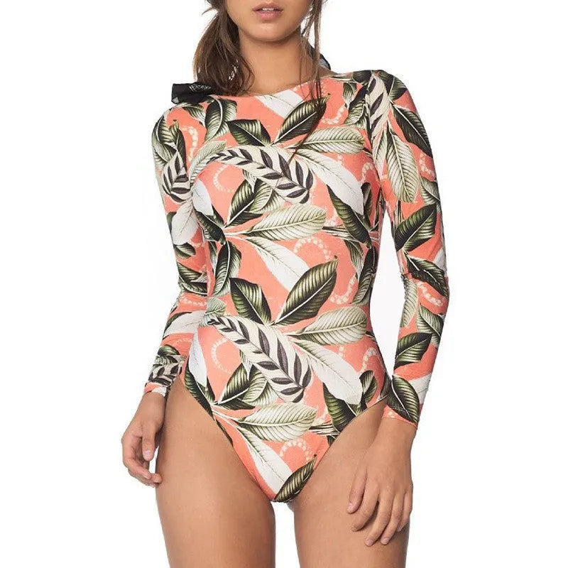 Women's backless one-piece swimsuit with leaf print design in polyester fabric