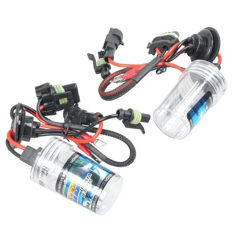 Automotive xenon headlight bulb kit showing H1, H7 type bulbs with 4300K, 6000K, 8000K colour options.