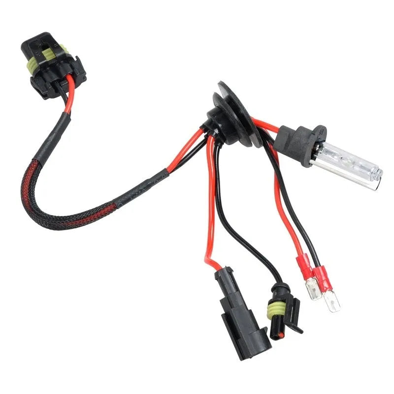 Automotive xenon headlight bulb kit showing H1, H7 type bulbs with 4300K, 6000K, 8000K colour options.