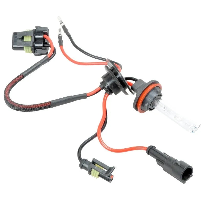Automotive xenon headlight bulb kit showing H1, H7 type bulbs with 4300K, 6000K, 8000K colour options.