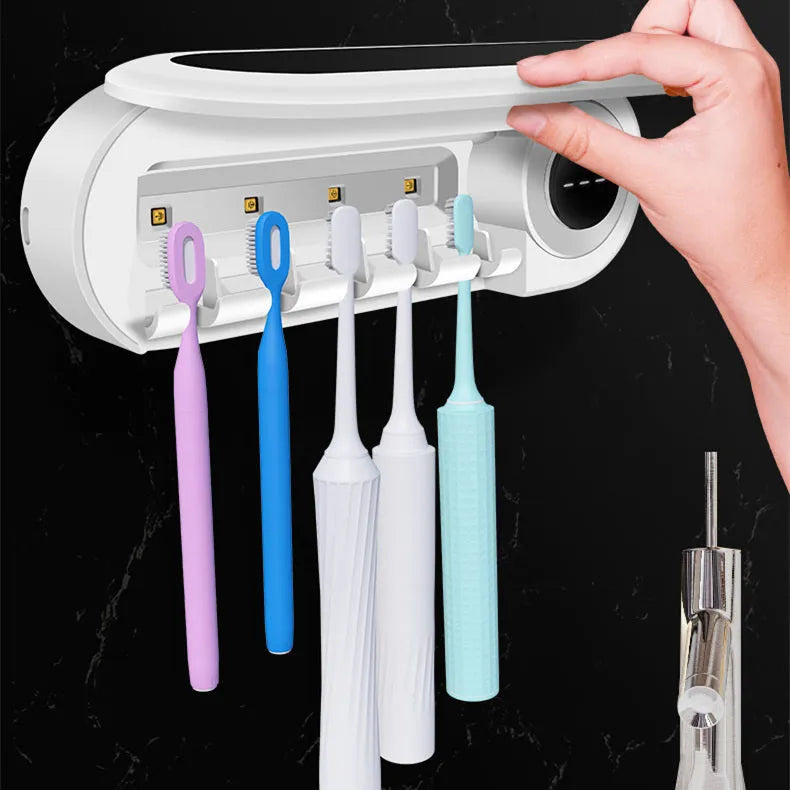 Ivory White wall mounted UV toothbrush steriliser holder with digital display and toothpaste squeezer.