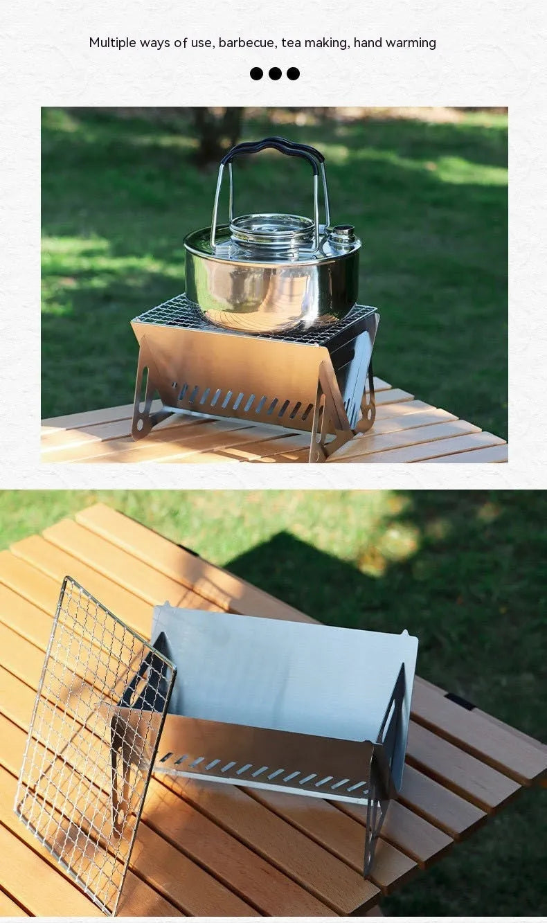 Large stainless steel folding barbecue oven and grill with storage bag.