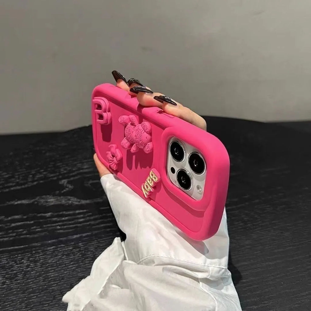 Frosted silicone phone case with 3D bear design, Rose Red oval big hole, for iPhone fall protection