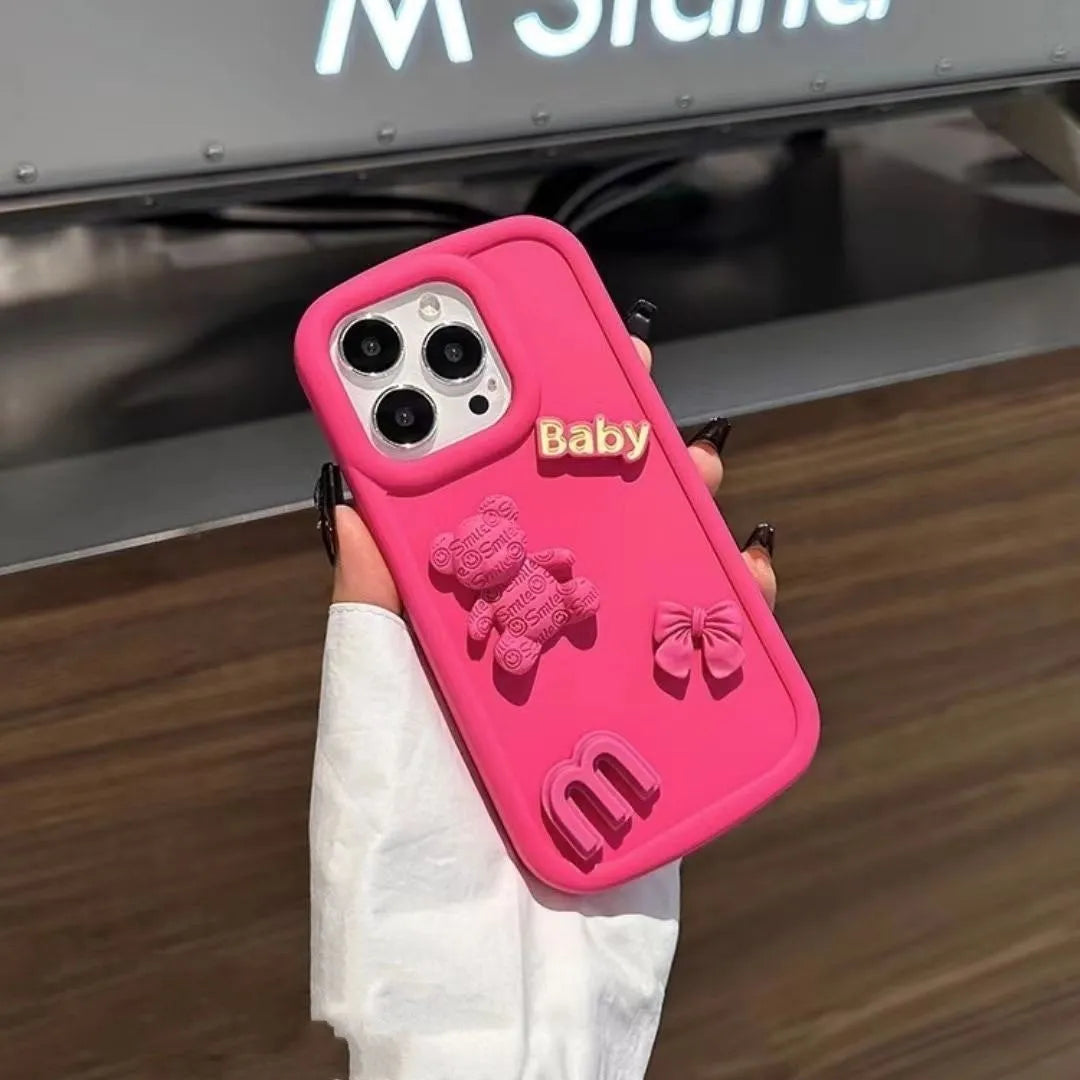 Frosted silicone phone case with 3D bear design, Rose Red oval big hole, for iPhone fall protection