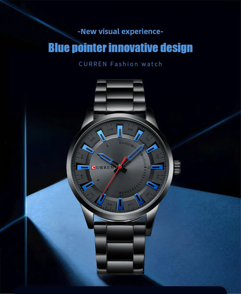 Men's silver business quartz watch with stainless steel strap and white dial with blue hour markers on a light background