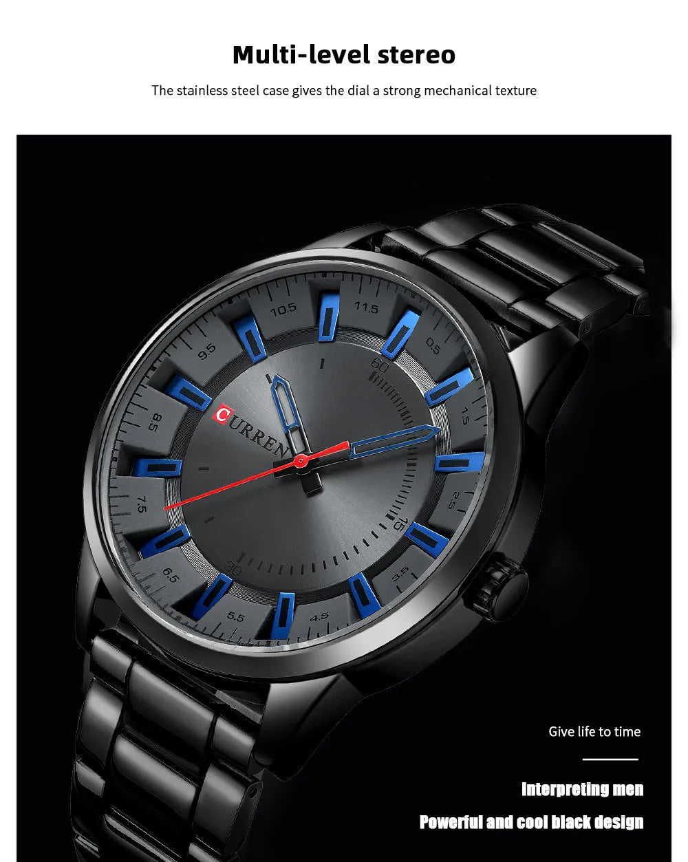 Men's silver business quartz watch with stainless steel strap and white dial with blue hour markers on a light background