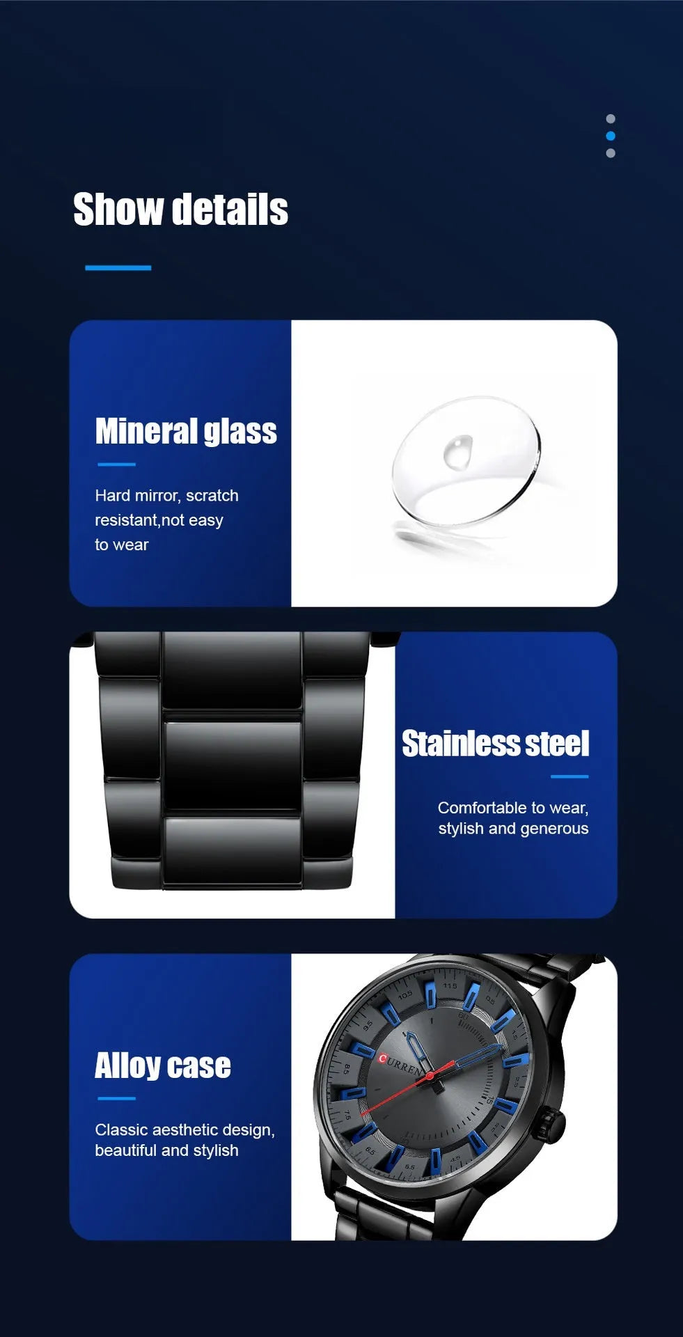 Men's silver business quartz watch with stainless steel strap and white dial with blue hour markers on a light background