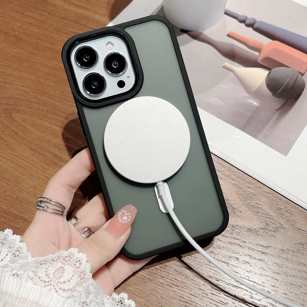 Magnetic matte phone case for iPhone 11-15 Pro Max in black, pink, green, blue, white and transparent