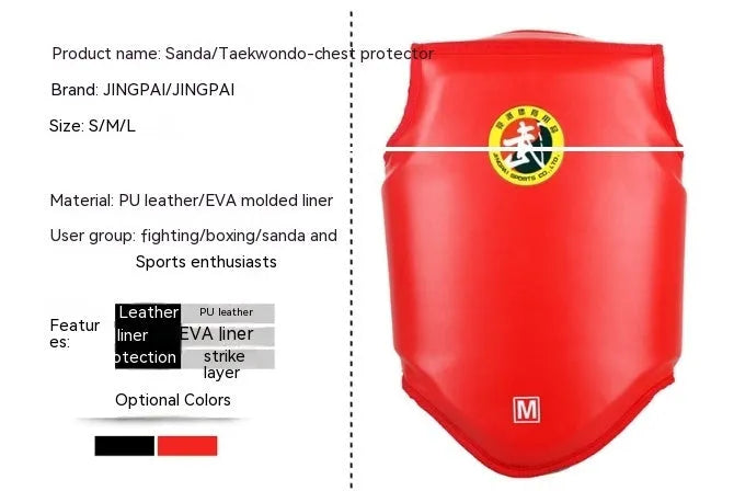 Boxing helmet and chest protector set in red colour with PU construction