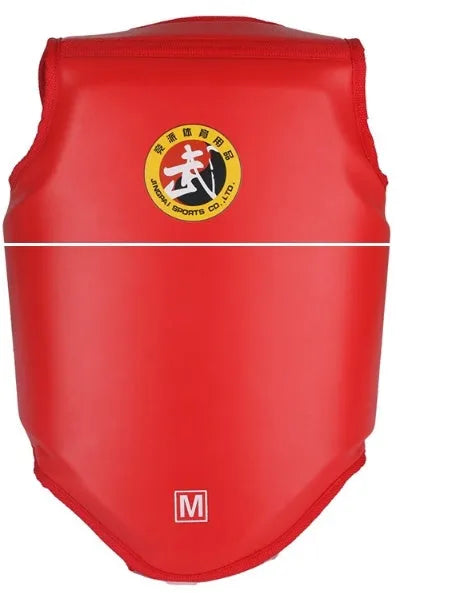 Boxing helmet and chest protector set in red colour with PU construction