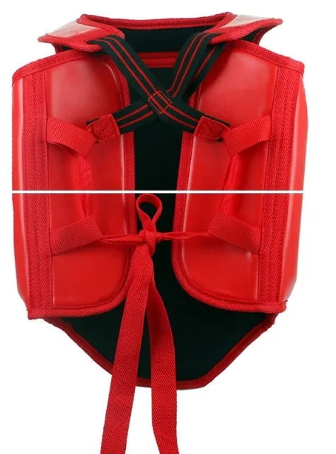 Boxing helmet and chest protector set in red colour with PU construction