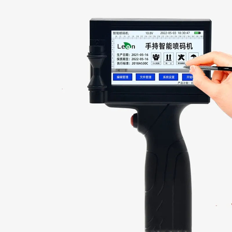 Portable handheld code-spraying machine SC18 inkjet printer with HT01 ink cartridge on industrial background