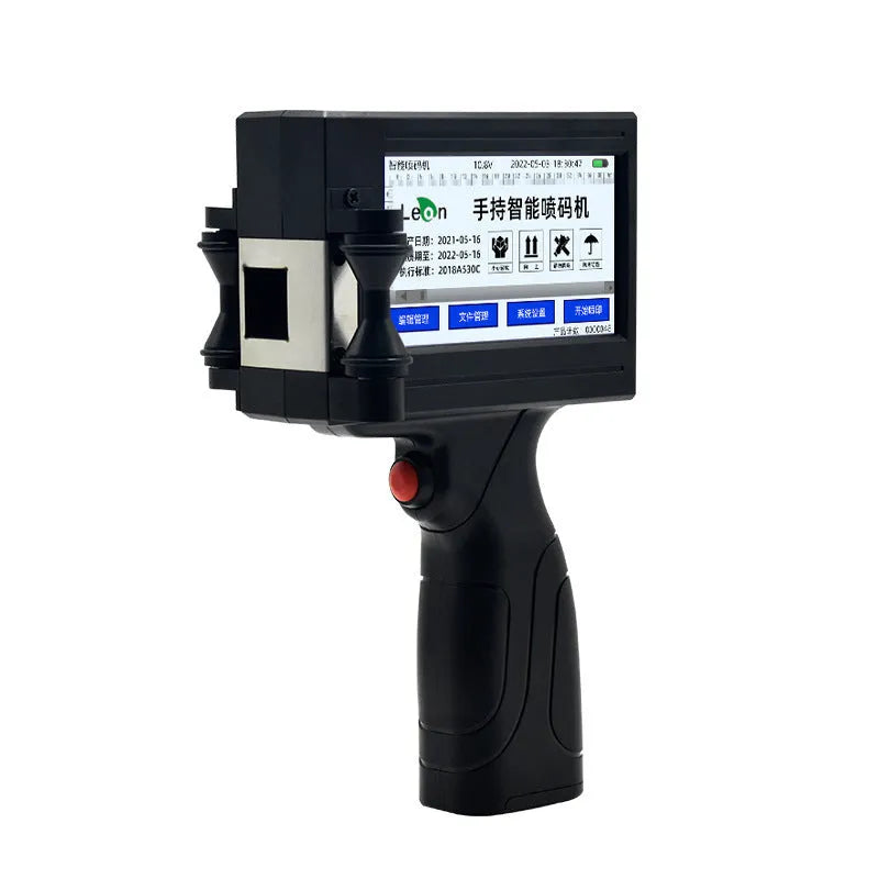 Portable handheld code-spraying machine SC18 inkjet printer with HT01 ink cartridge on industrial background