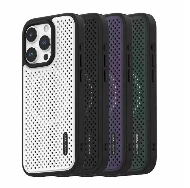 Cooling grid magnetic TPU phone case for Apple iPhone in white, black, purple, or pine needle green.