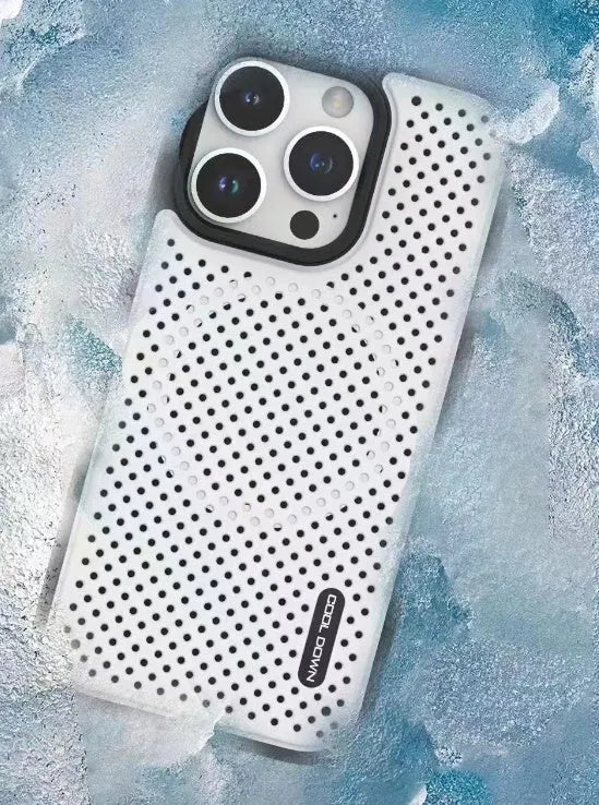 Cooling grid magnetic TPU phone case for Apple iPhone in white, black, purple, or pine needle green.
