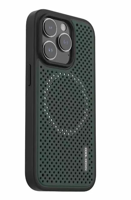 Cooling grid magnetic TPU phone case for Apple iPhone in white, black, purple, or pine needle green.