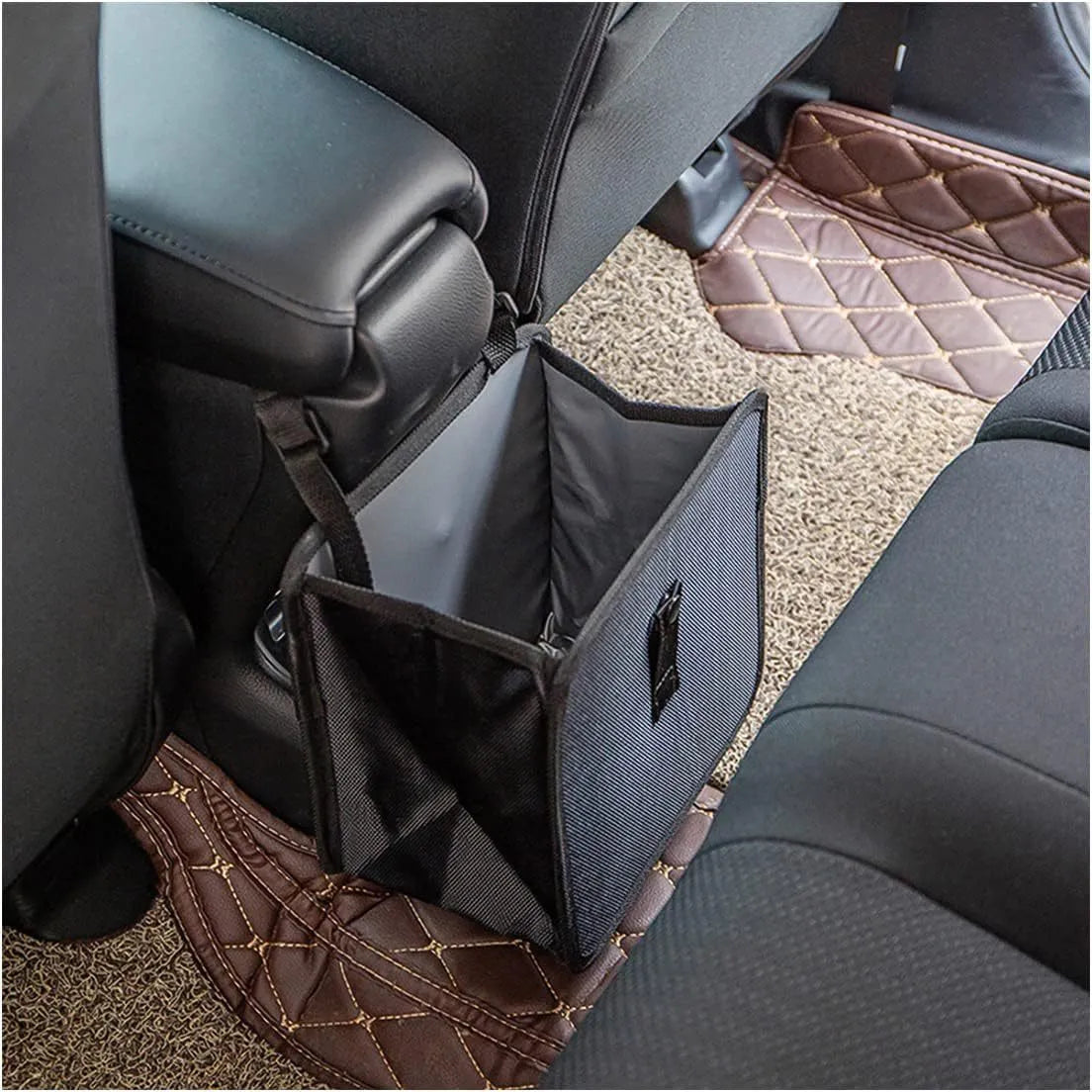 Black car folding trash can made from waterproof Oxford cloth with hanging mechanism