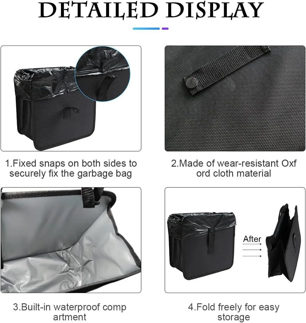 Black car folding trash can made from waterproof Oxford cloth with hanging mechanism