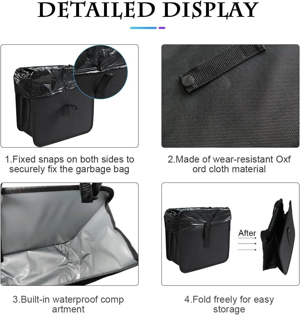 Black car folding trash can made from waterproof Oxford cloth with hanging mechanism