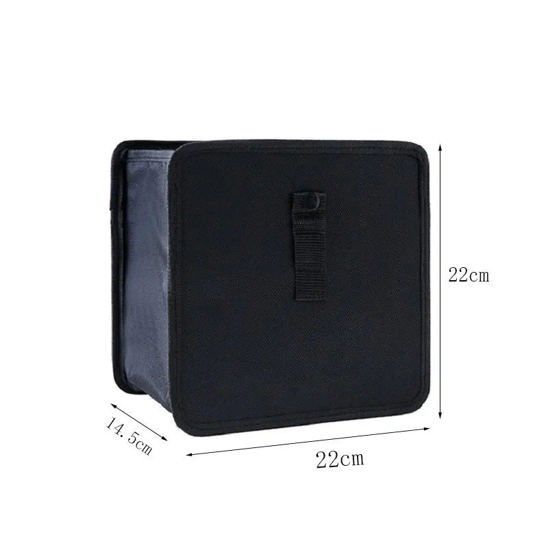 Black car folding trash can made from waterproof Oxford cloth with hanging mechanism
