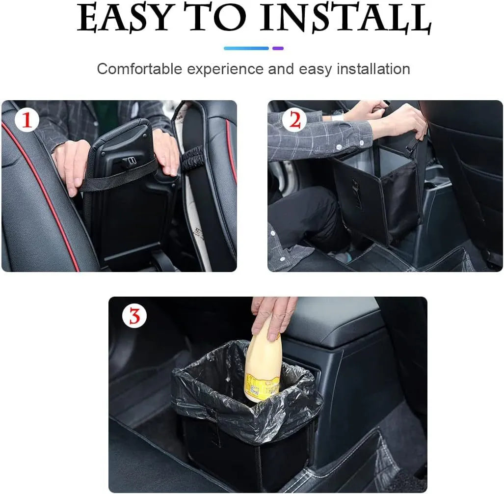 Black car folding trash can made from waterproof Oxford cloth with hanging mechanism