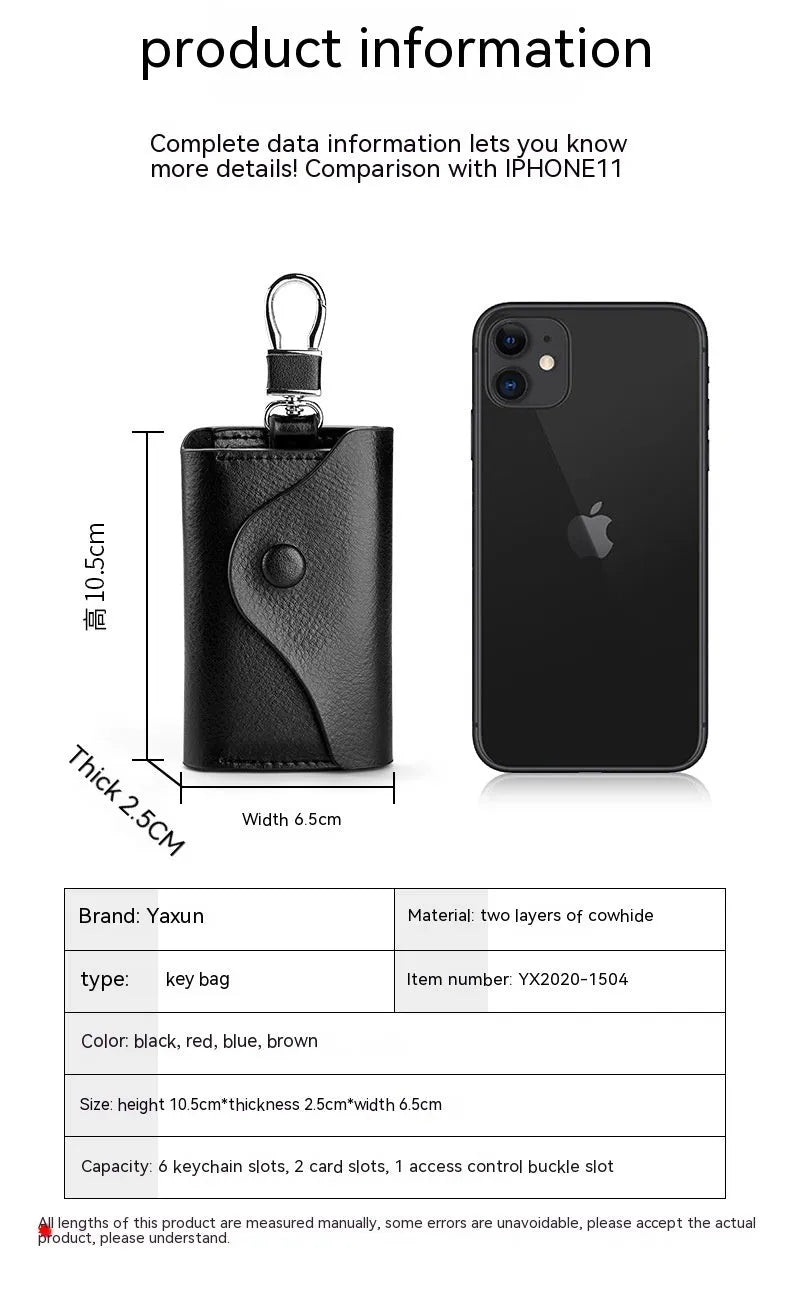 Men's genuine leather keycard holder with key fob in square Korean-style design