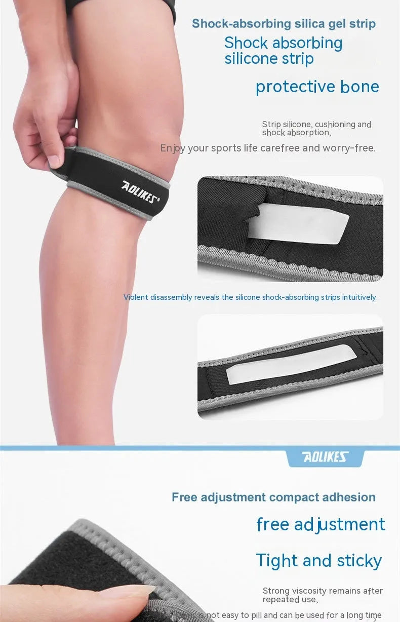 Black and grey patella retinaculum knee pad for sports protection.