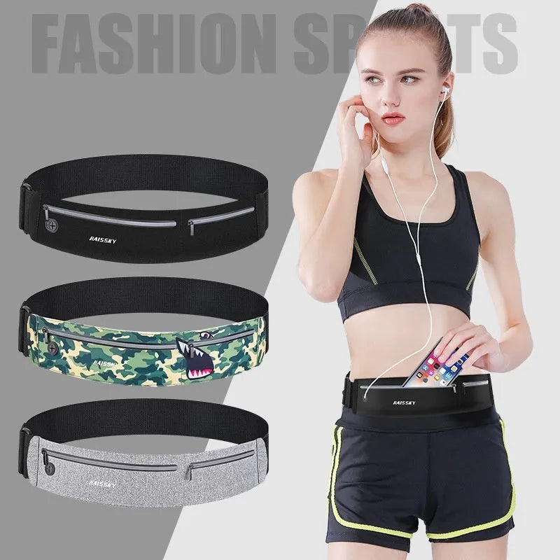 Unisex waterproof waist bag in camouflage crocodile, heather grey, or black, showing 8-inch chinlon Lycra construction.