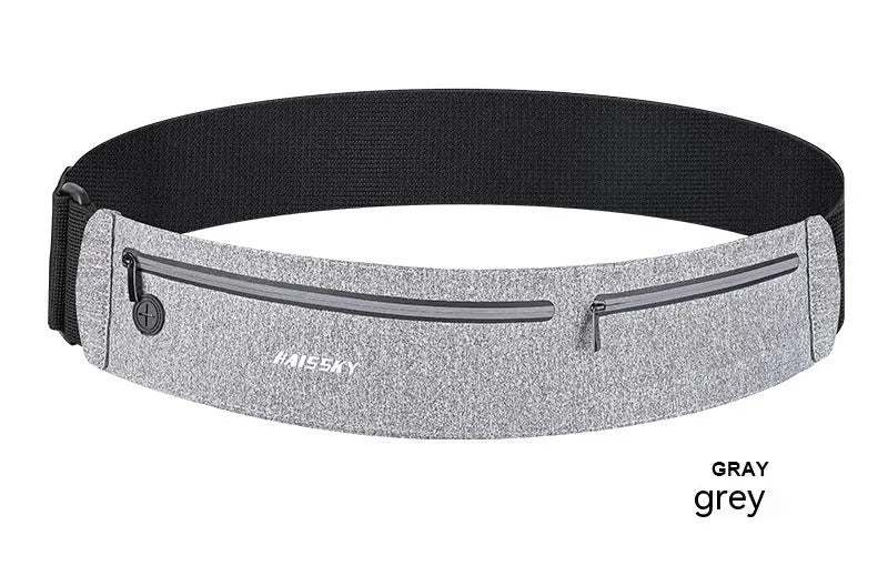 Unisex waterproof waist bag in camouflage crocodile, heather grey, or black, showing 8-inch chinlon Lycra construction.