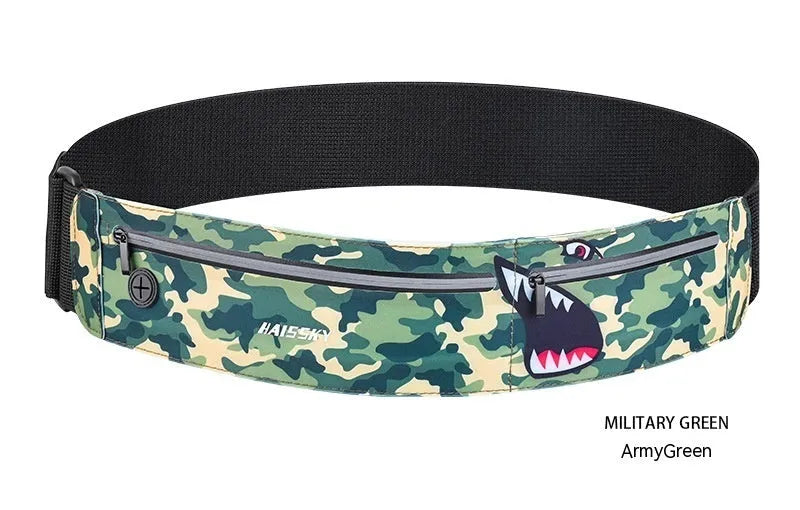 Unisex waterproof waist bag in camouflage crocodile, heather grey, or black, showing 8-inch chinlon Lycra construction.