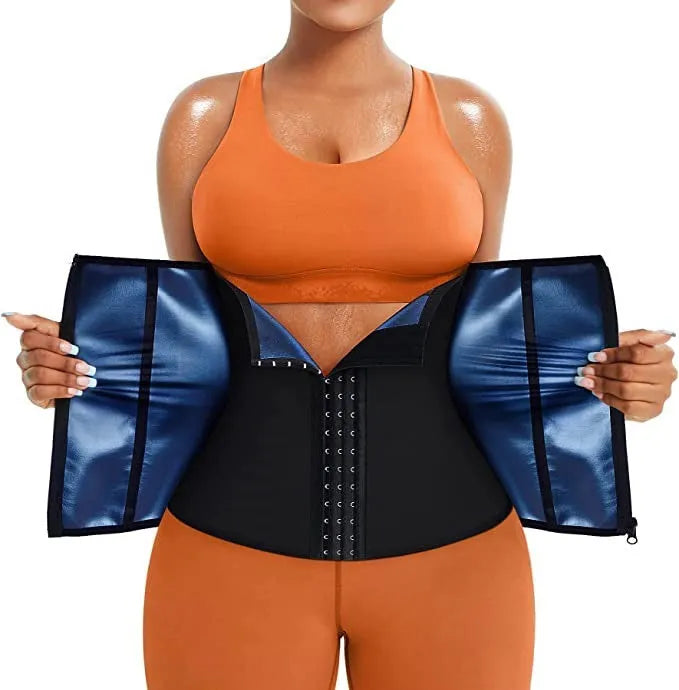 Adjustable neoprene sports belly belt for abdominal support in blue or silver, showing sizing options.