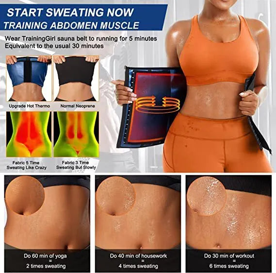 Adjustable neoprene sports belly belt for abdominal support in blue or silver, showing sizing options.