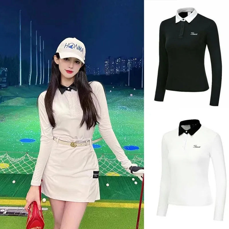 Women's white long sleeve golf top with slim sports cut for outdoor sun protection